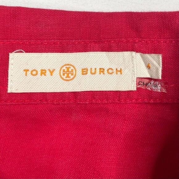 Tory Burch Linen Button Up Roll Tab Sleeve Shirt Carnival Red - Picture 6 of 9